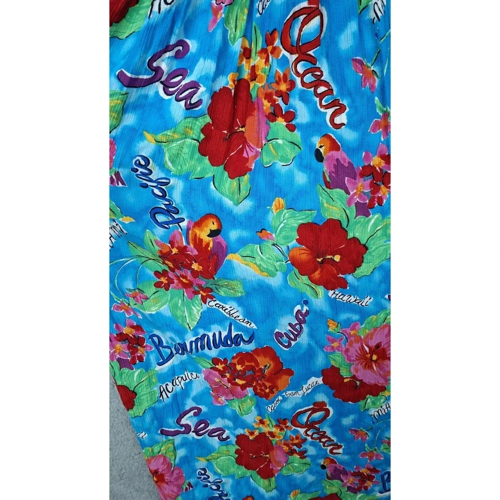 Vintage Carole Little Dress L Button Front Pleated Modest Maxi Boho Blue Tropics